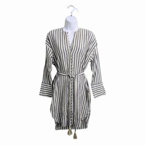 Zara White Blue Striped Button Down Tunic Shirt Long Sleeve Metallic Tassels XS